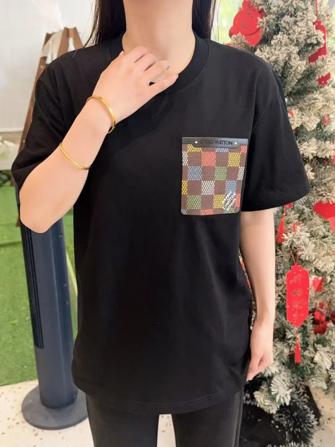 Louis Vuitton/Louis Vuitton 25ss checkerboard leather brand pocket short sleeves